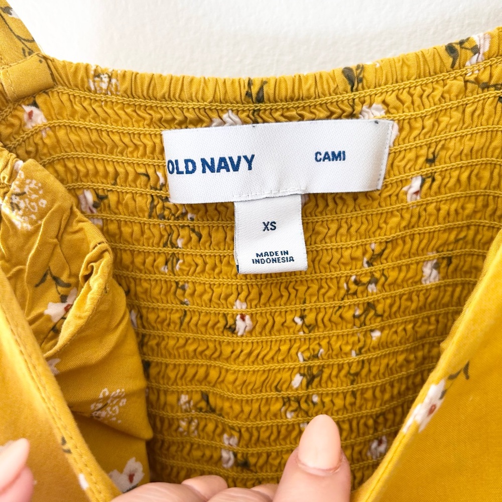 🌼 Old Navy XS Mustard Yellow Floral Cami Sundress – Smocked Back | Adjustable - Picture 3 of 4
